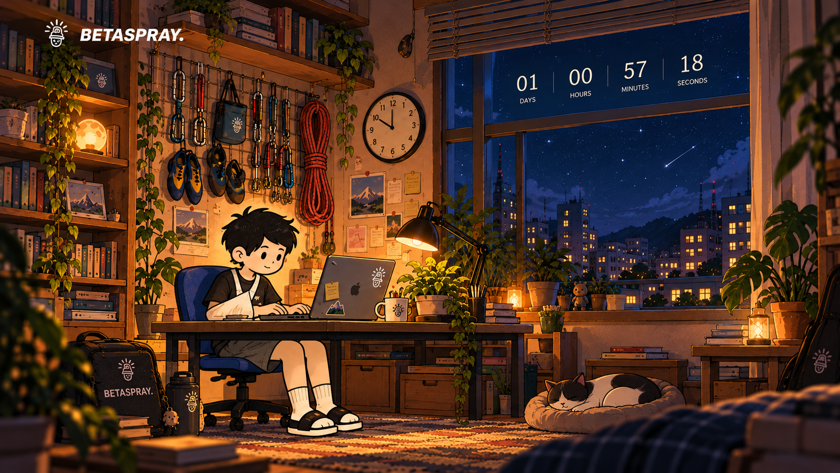 Ah Ming at his desk in a warm lamplit room, with climbing gear, plants, a sleeping cat and a window overlooking the night city.
