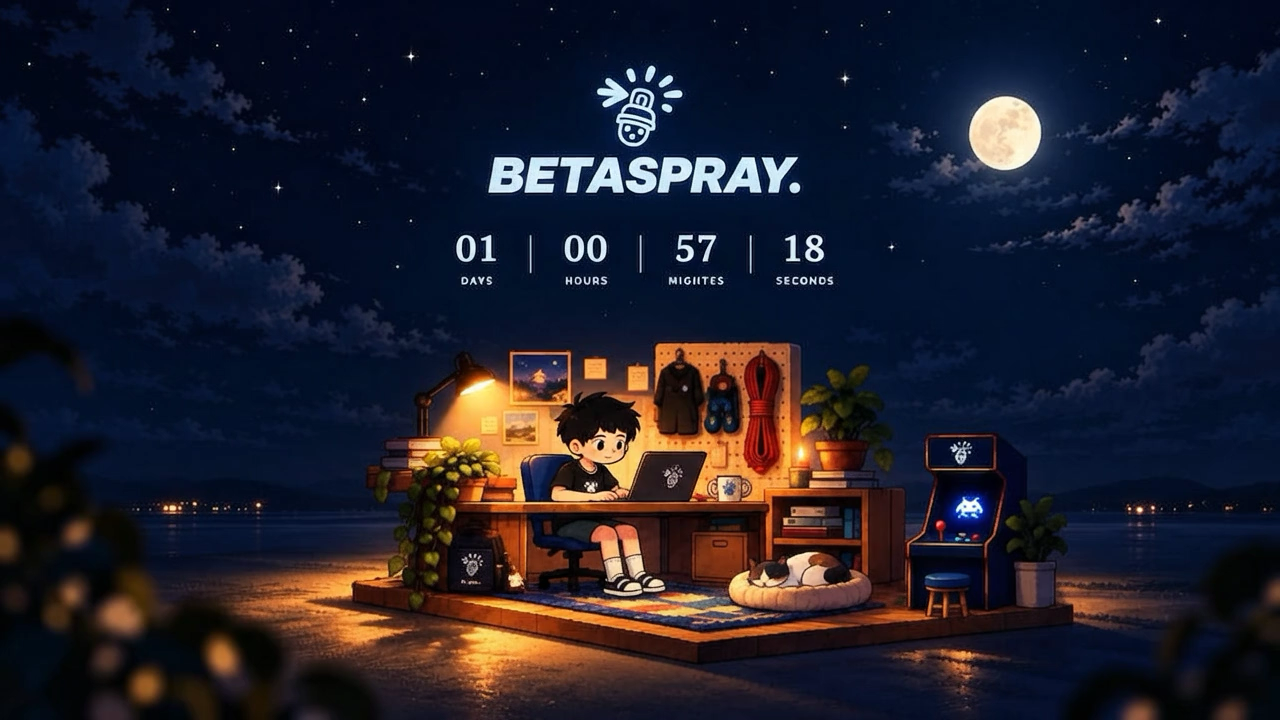 Betaspray branding above Ah Ming working at his desk, with plants, climbing gear, a sleeping cat and an arcade cabinet in the illustrated Betaspray scene.
