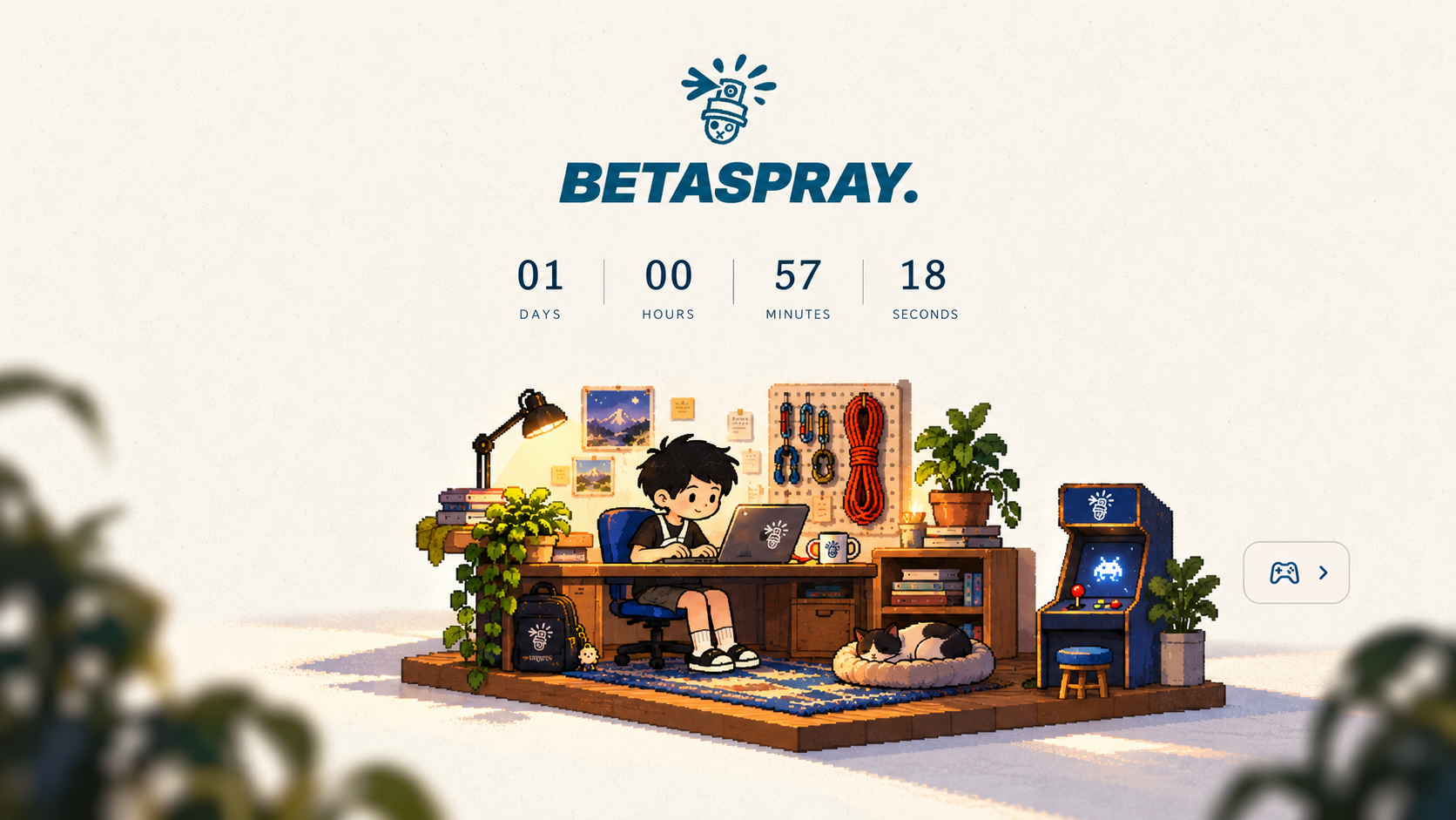 Betaspray branding above Ah Ming working at his desk, with plants, climbing gear, a sleeping cat and an arcade cabinet on a warm paper background.